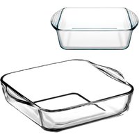 Tradineur - Set de 2 bandejas cuadradas para horno, vidrio borosilicato, fuente, molde transparente, lasaña, aptas para microondas, asar, hornear - 22 y 16 cm