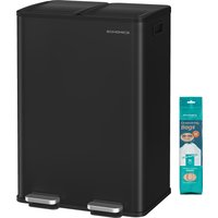 SONGMICS Cubo de Basura de Cocina, 2 x 30 L, 2 Compartimentos, Papelera de Pedal, con Tapa de Cierre Suave y Cubo Interior, Acero/Acero Inoxidable, Incluye 15 Bolsas de Basura, Negro Tinta/Gris