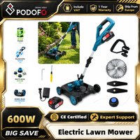 Podofo Cortacésped Eléctrico Inalámbrico 3 en 1 de 3000W con Motor sin Escobillas, Recortadora de Césped de 12 Pulgadas con 3 Tipos de Cuchillas, Altura y Ángulo Ajustables, Cortadora de Hoz,