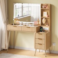 WOLTU Tocador con gran espejo LED, iluminación ajustable, tocador de maquillaje con cajones, 9 compartimentos, toma de corriente, gabinete lateral, tocadores modernos para dormitorio