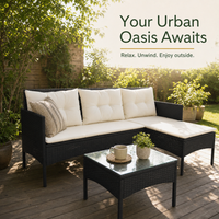 Conjunto de sofás de jardín de ratán sintético de 2 plazas con cojines, muebles de exterior para patio en color negro y crema