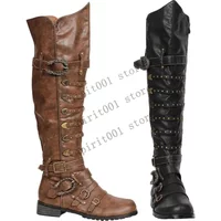 Botas Steampunk para hombre, estilo cosplay renacentista vintage con hebilla y remaches, botas góticas de pirata para montar, largas, para fiesta de Halloween