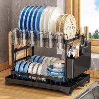 Escurridor de Platos de 2 Niveles para Cocina, Estante de Almacenamiento para Tazones, Platos, Palillos, Tablas de Cortar, Cuchillos, Tazas, Diseño de Drenaje Automático, Negro