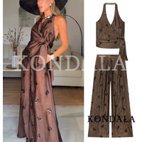 Conjunto de Pantalones Elegantes con Cuentas Bordadas para Mujer, KONDALA 2026, Conjunto de Pantalones Anchos con Top Halter a la Moda para el Verano, Estilo Urbano y Vacacional