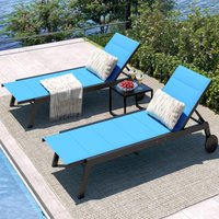 Juego de 3 Sillones de Exterior, 2 Tumbonas de Textilene con Respaldo Ajustable en 5 Niveles y Ruedas, Mesa Lateral con Estructura de Hierro, Sillas para Tomar el Sol en la Piscina, para Playa,